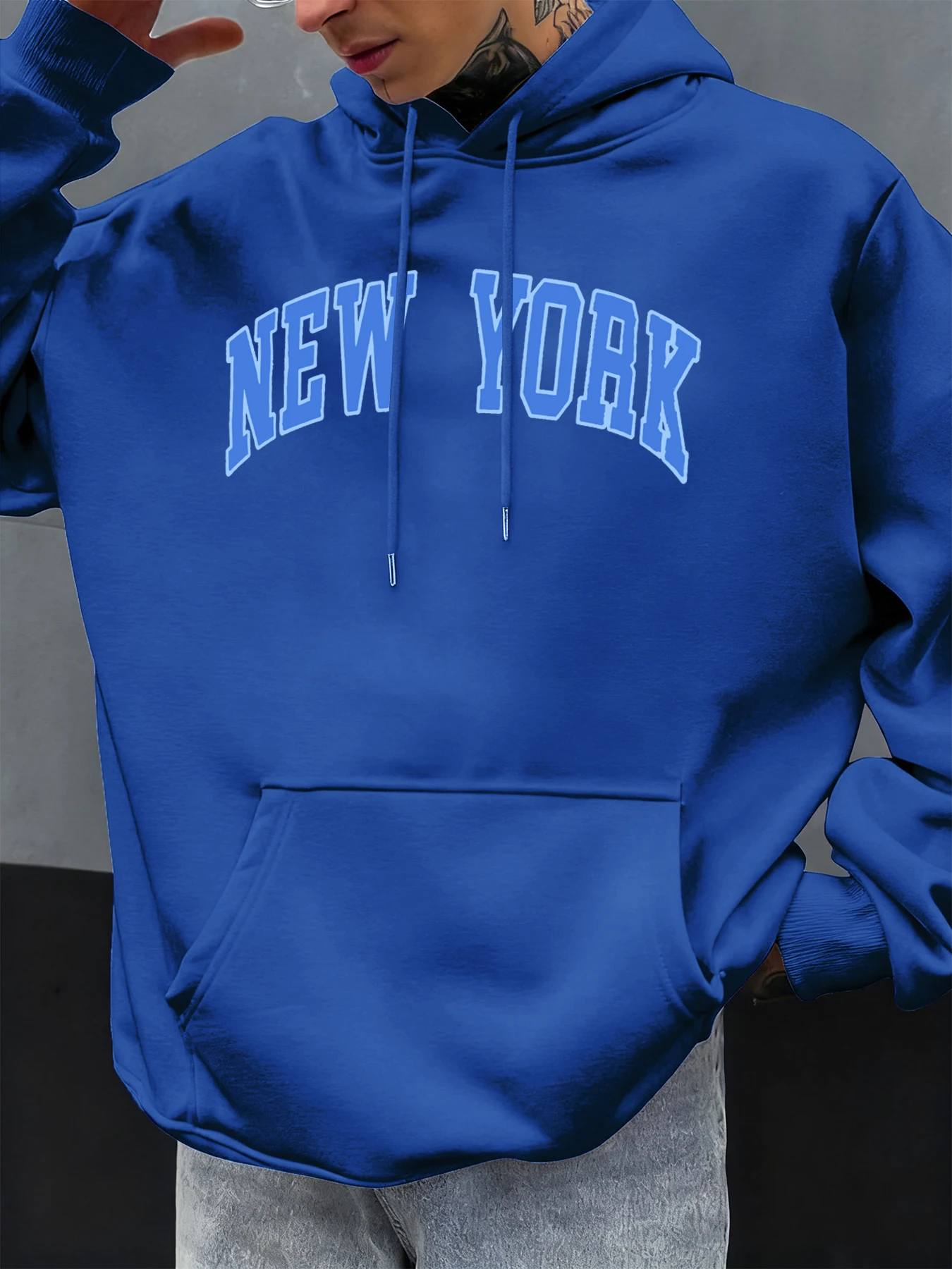 Sudadera con capucha con estampado azul y letras de Nueva York para hombre, Sudadera con capucha de gran tamaño de Hip Hop, sudaderas con capucha de moda Multicolor para otoño, ropa deportiva informal de lana para hombre