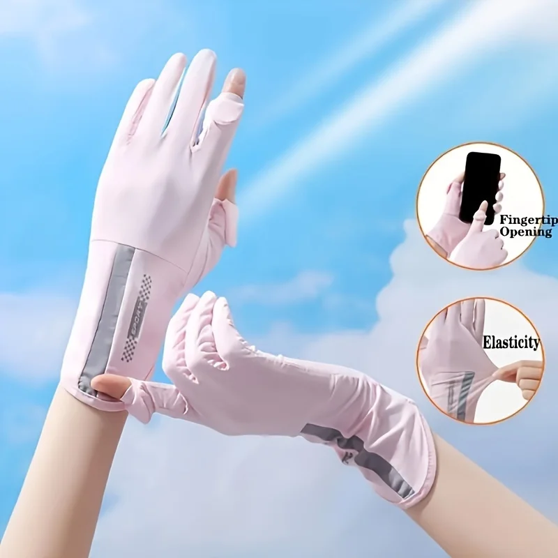 Summer Sunscreen Gloves Women Thin Ice Silk Anti-ultraviolet Dew Finger Touch Screen Driving Riding Non-slip Breathable Gloves