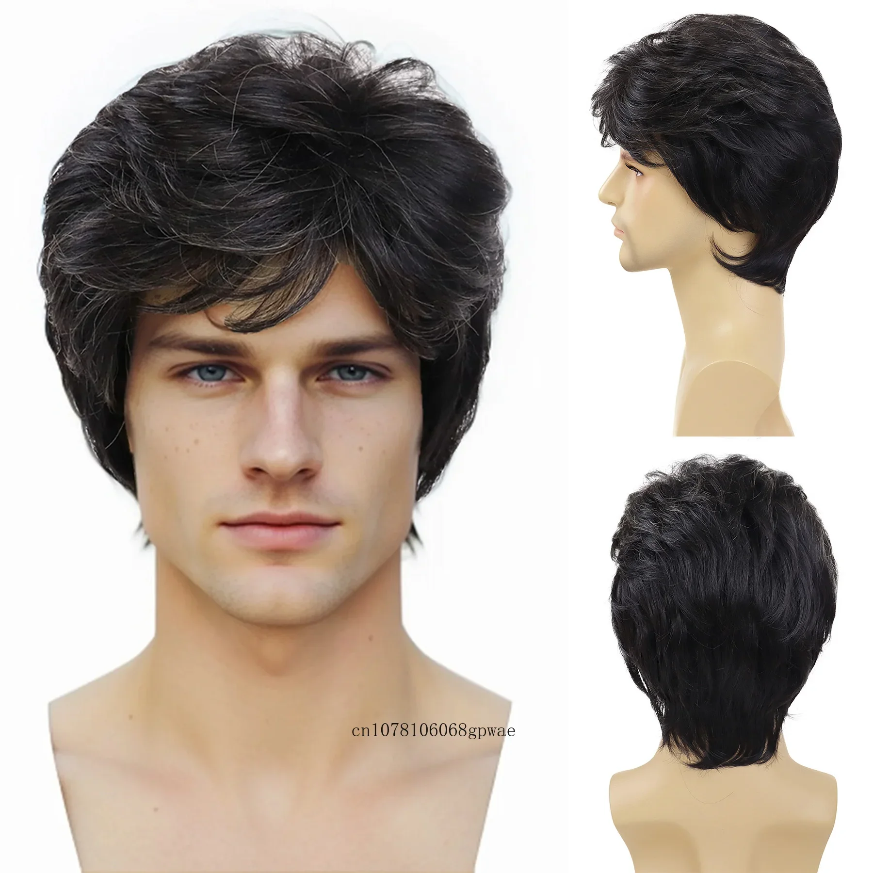 Natural Balck Wig with Bangs Synthetic Short Layered Wig for Men Father Daily Party Use Heat Resistant Hair Replacement Wigs