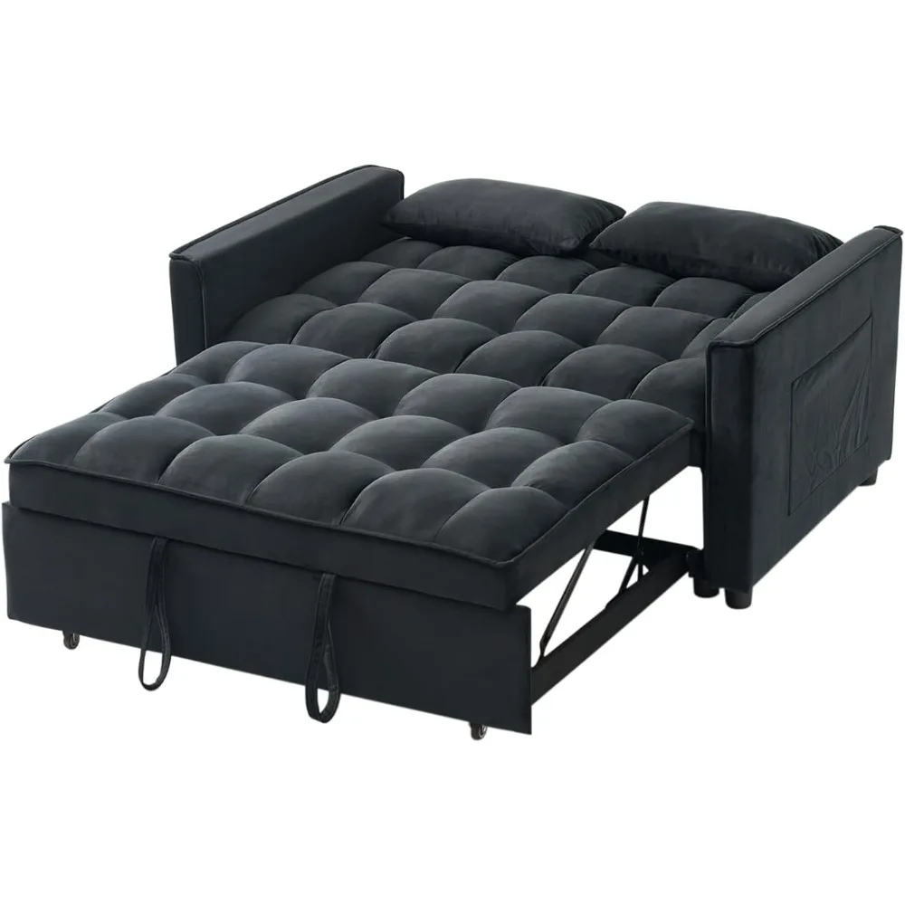 Sofá conversível com cama reversível, encosto reclinável, bolsos de armazenamento, inclui travesseiros, preto, dorminhoco de 54,8 ", 3 em 1