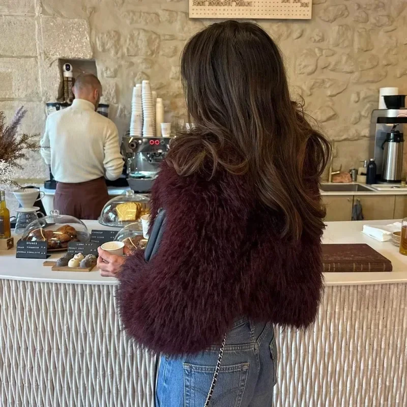 Deep Red Faux Short Jacket with Plush Collar Fashionable Versatile Fake Fur