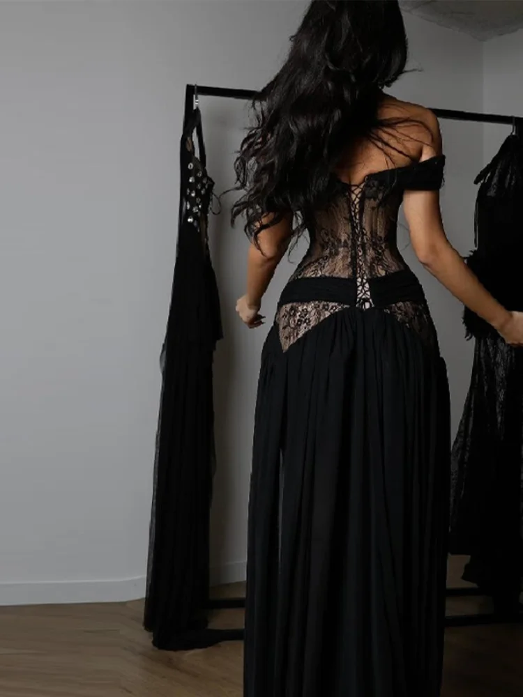 Elegant Lace Patchwork Slit Strapless Dress Sexy Off-shoulder High Waist Long Skirt New Trendy Party Y2k Robe Gothic Style Gown