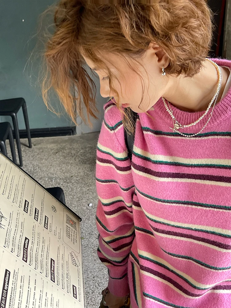 

Pink Stripe Color Blo Wool Blend Loose round Ne Sweater Trendy Commute Sle Korean Version Long Sve Thiened Knitted...