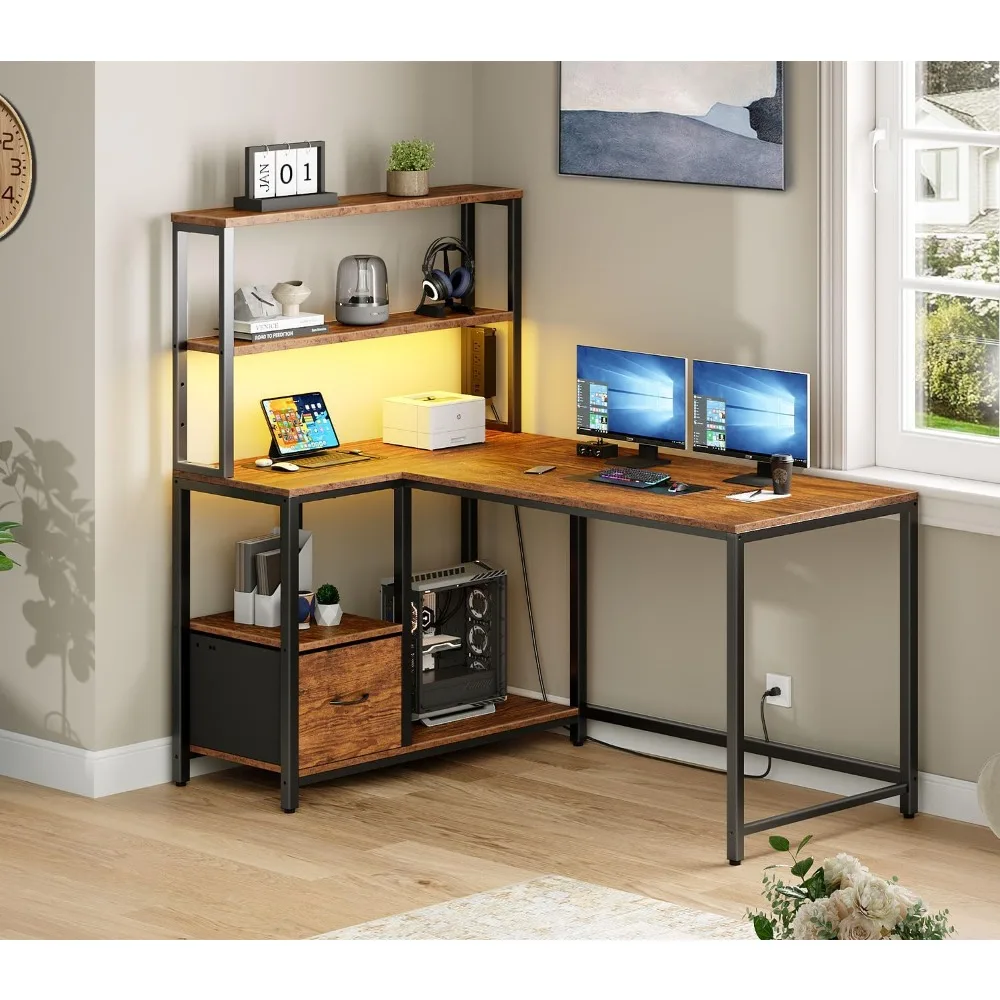 

L Shaped Gaming Desk, 46 Inch Reversible Computer Desk with LED Light & Power Outlet, Office Desk with Storage Shelves & Drawer