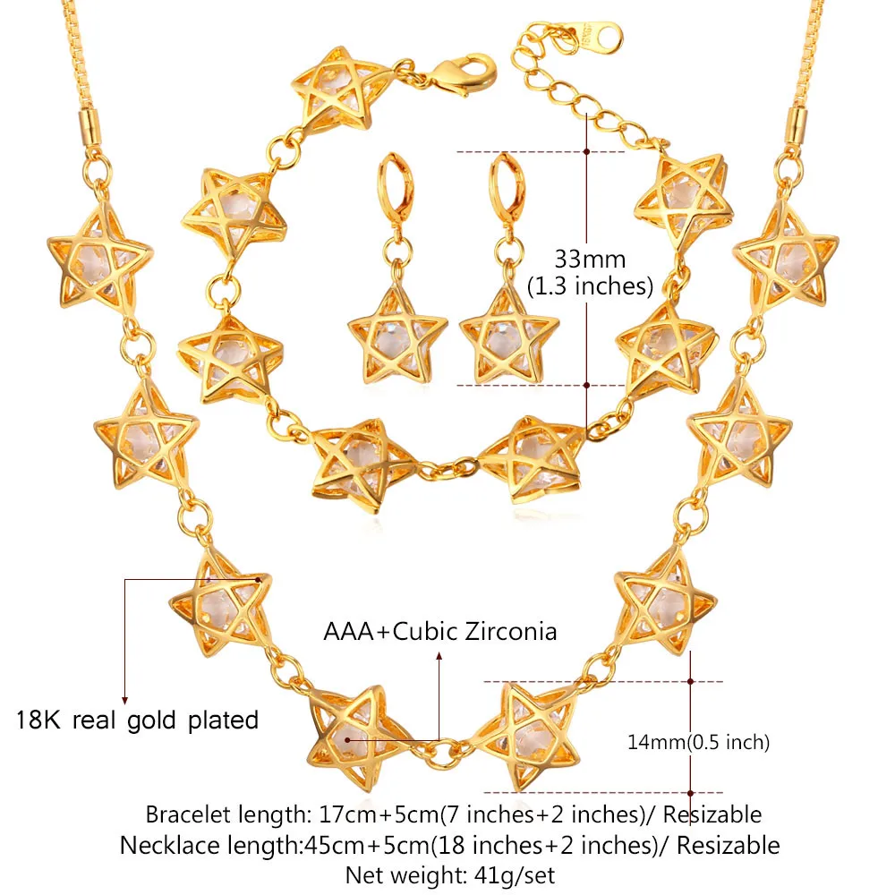 U7 Elegant Star Jewelry set For Women Wedding White Big Cubic Zirconia Gold Color Necklace Earrings Bracelet Set QC24