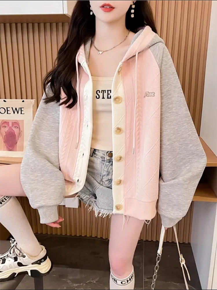 Kontrast Nähte Twist Design Mit Kapuze Sweatshirt frauen Outwear 2025, Frühling Herbst Neue Mode Lose Chic Casual Mantel Tops