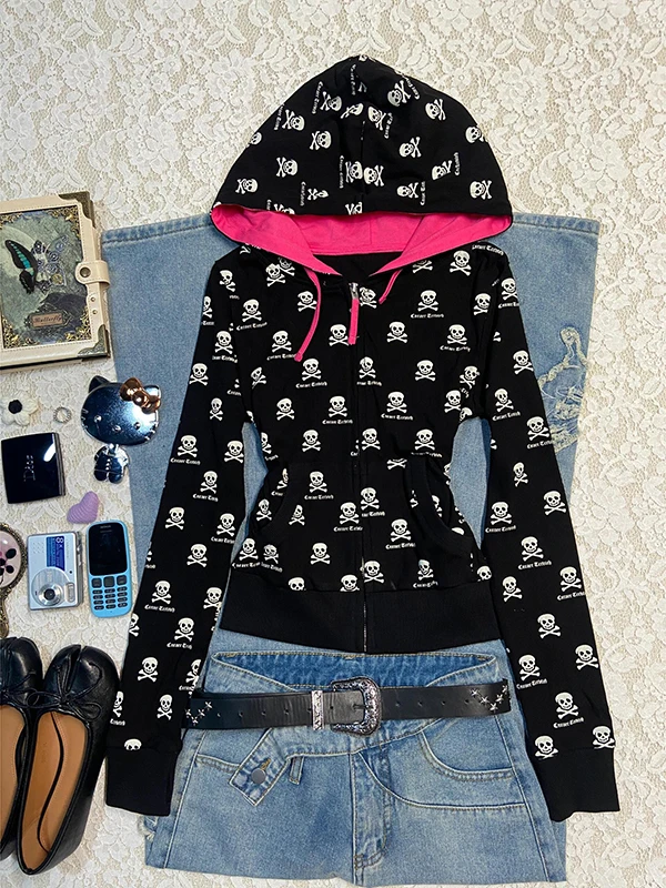 

BaoYao Girl Original Black Skeleton Print Sweatshirt Jacket Women's Spring Autumn Slimming Sexy Top Trendy Casual Style Long ...