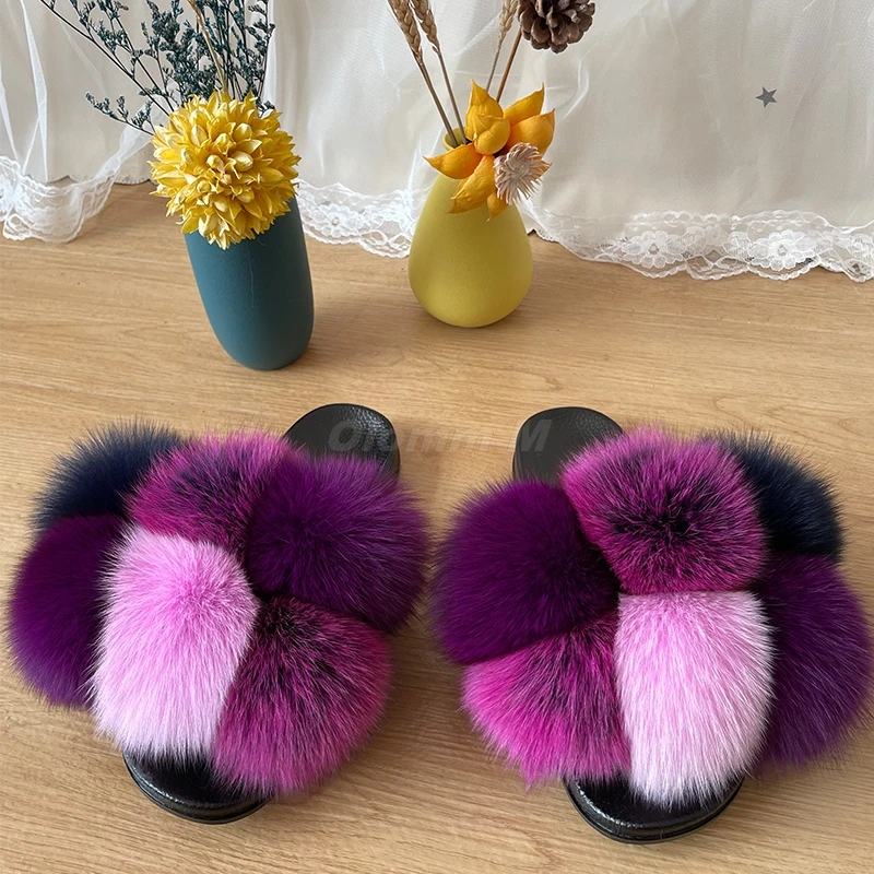 Women Summer Real Fox Fur Slides Women Non-slip Fluffy Fur Slippers Women Furry Slippers Ladies Cute Plush Fox Hair Slippers Hot