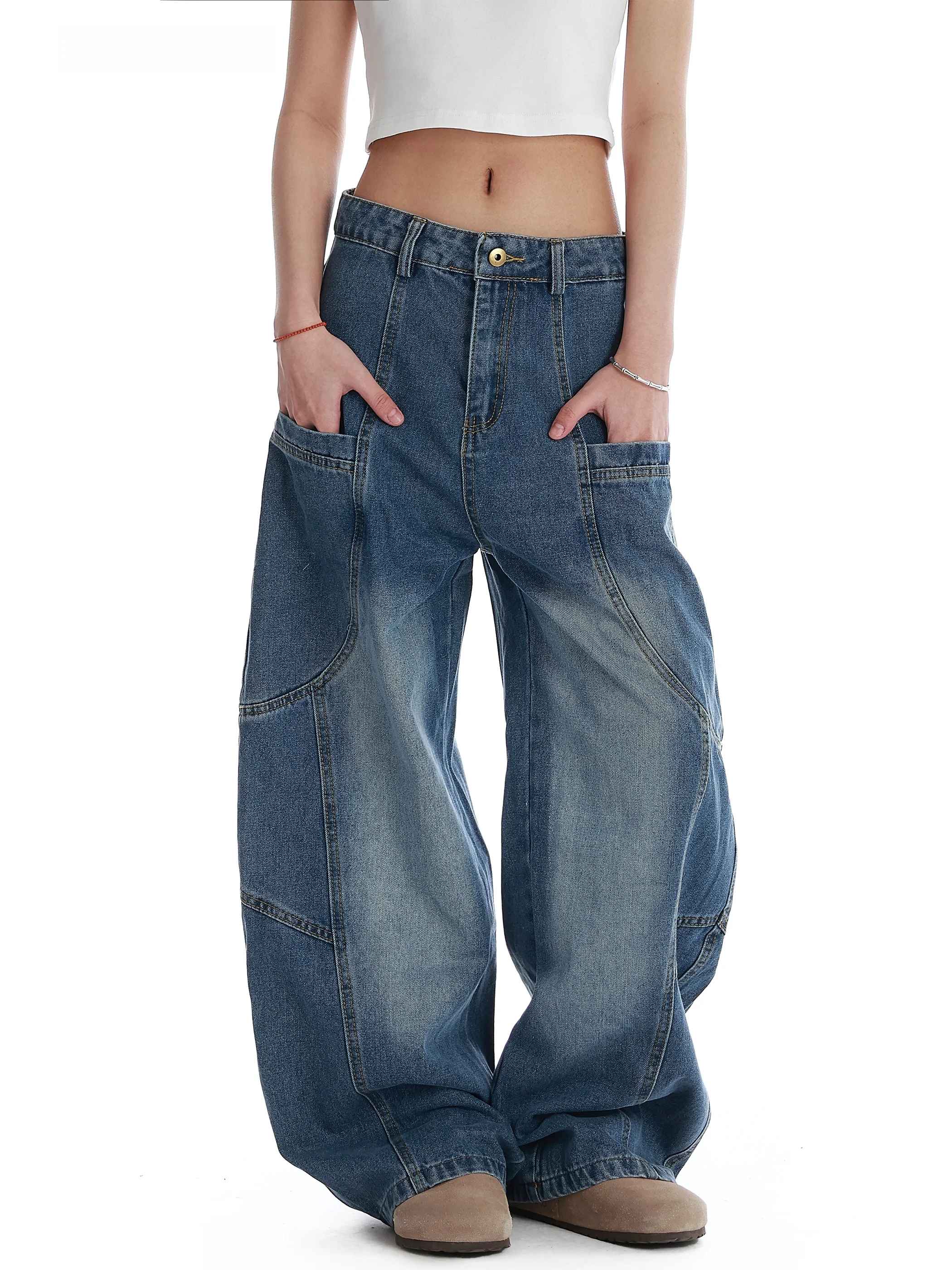 

American Street Style Vintage Large Pocket Jeans Women's Gradual Wear Resistance Workwear Knife Pants Casual Straight Le...