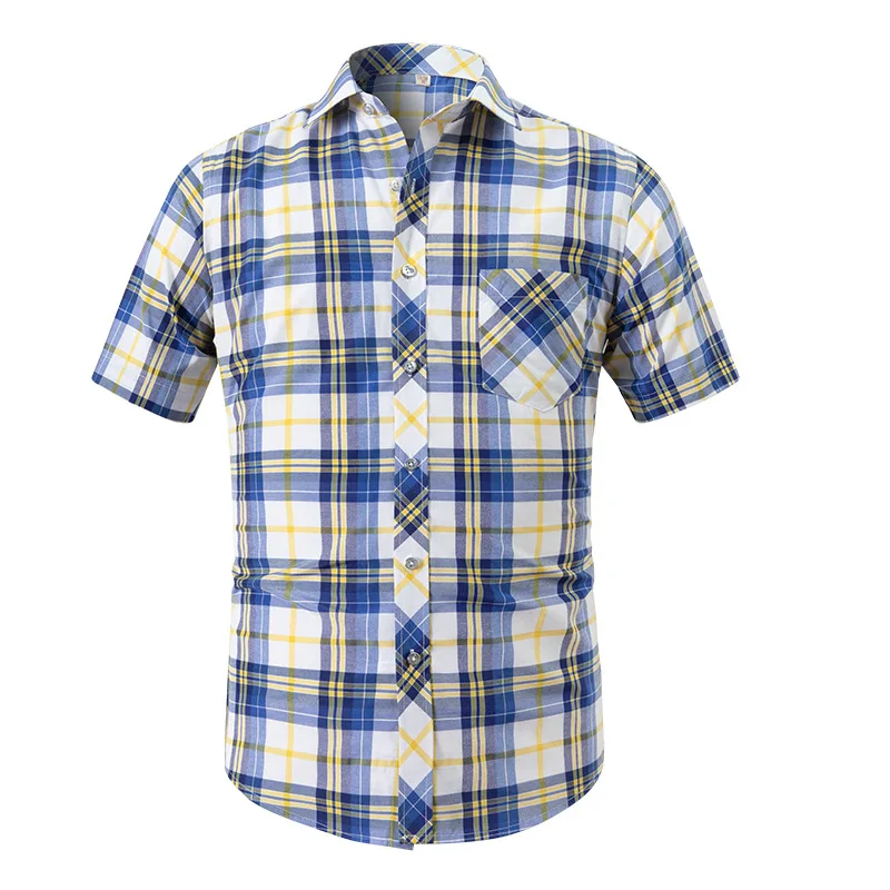 BAMBOOPLE Men Short Sleeve Shirts Summer Plaid Youth Leisure Design Dress Formal Social Soft Button Up Front Pocket Male Blouse