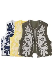 HH Women Floral Embroidered Vest Top Summer Casual Vintage Y2k Cardigan Waistcoat Woman Chic Loose Outerwear Vsets