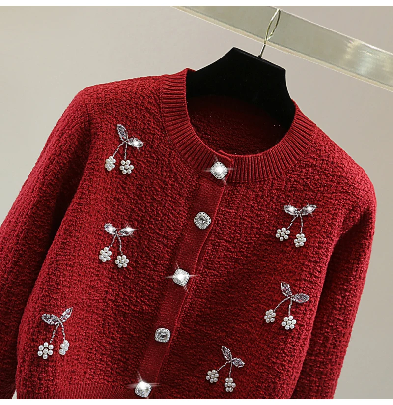 Small Cherry Embroidered Crew Neck Knitted Cardigan Ladies Spring Winter High Waist Bead Diamond Long Sleeve Sweater Red Coat