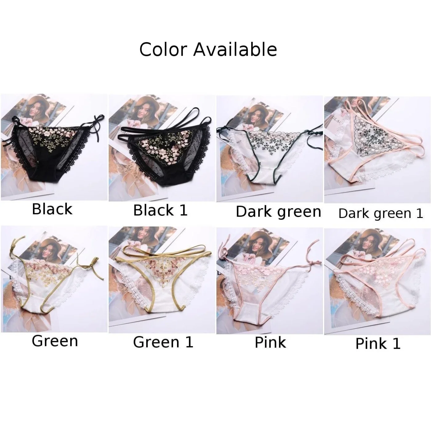 Women Sexy Lace Panties Gauze See Through Briefs Lace Flower Embroidery Breathable Knickers Lace-up Skin-Friendly Underpants