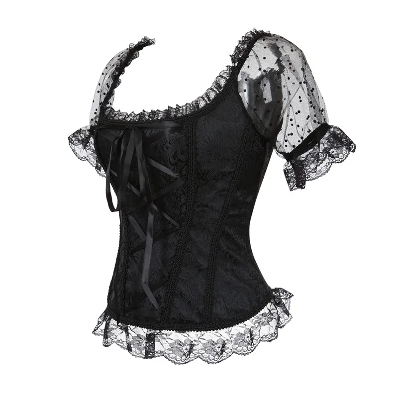 Sapubonva Corset Top Plus Size Shoulder Straps Bustiers Gothic Lace Sleeved Sexy Bride Halloween Corselet Medieval Black White