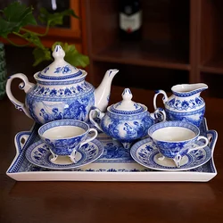 European style high-end retro palace figure blue and white series ceramic afternoon tea coffee cup tray