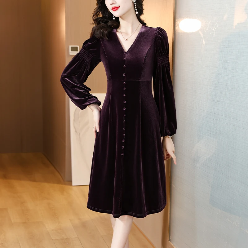 2023 Autumn/Winter New Purple Silk Velvet Bubble Sleeve Dress Women\'s Spliced Slim Loose Large Knee Length A-line Dress Robe