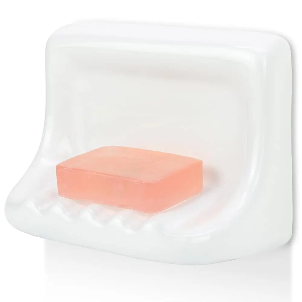 

Shower Wall Soap Holder & Ceramic Soap Dish - Fits 4x4 Inch & Any Tile Walls, Heavy-Duty Flat-Back Design with Drainage Slope