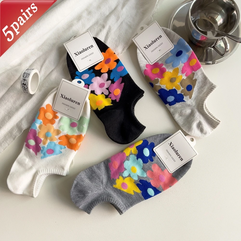 

5 Pairs Women's Socks Set Korean Colorful Flower Graffiti Cute Kawaii Fashionabhle Versatile Shallow Anti Slip Ankle Socks Girl
