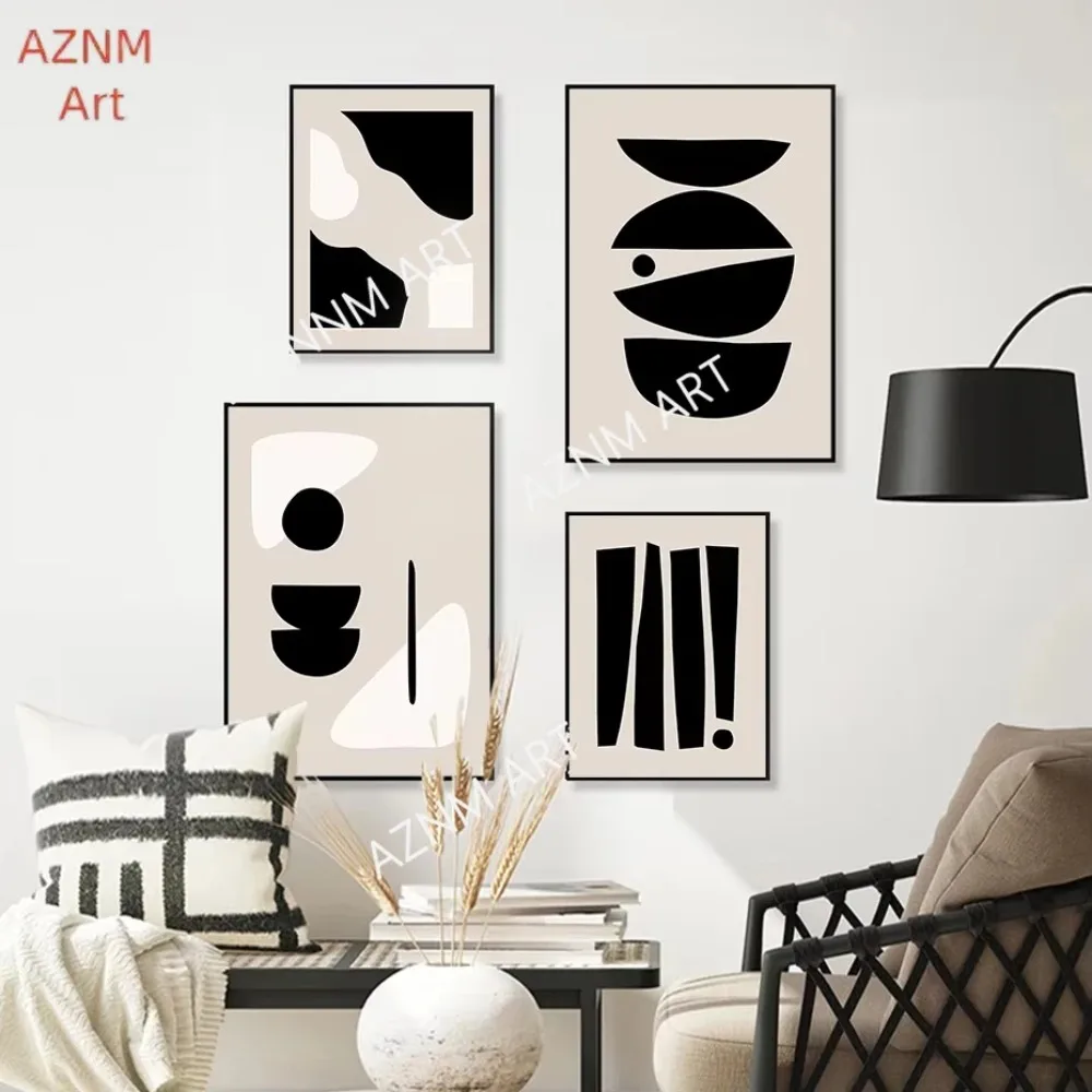 Abstraktes Geometrisches Beige-Schwarzes Boho Minimalistisches Poster Leinwanddruck Wandkunst Bilder Wohnzimmer Moderne Heimdekoration