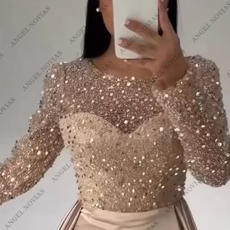 Customized Mother of The bride Dress Sequin Evening Gown Satin Dress Long Sleeves Floor Length Illusion Prom Wedding Guest Dress