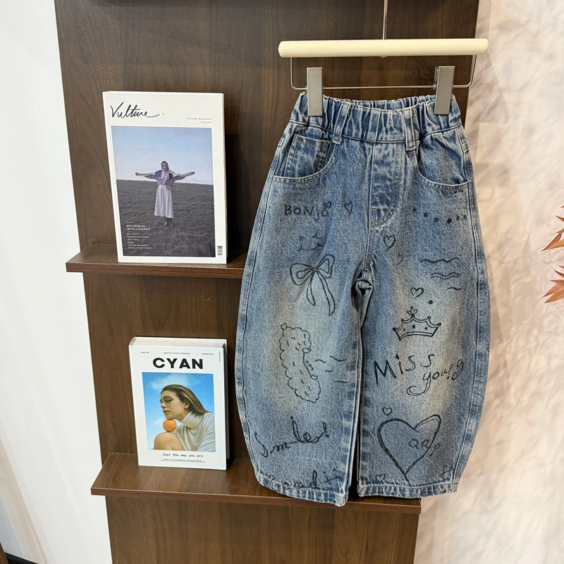 leomama-ガールズプリントデニムジーンズファッショナブルなナイフエッジルーズパンツ子供用春-2026-子供服