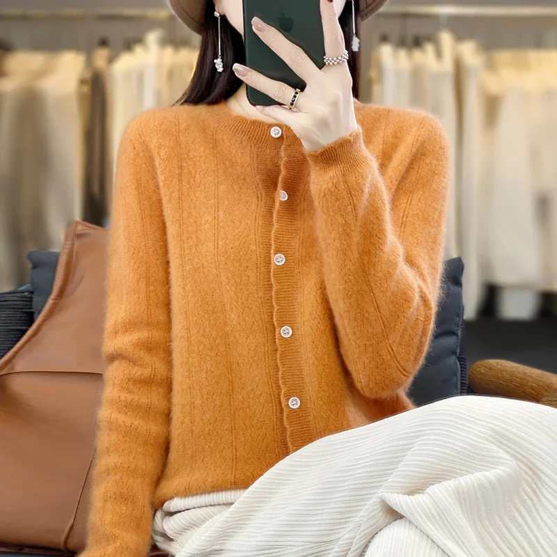 2024 Spring Autumn Winter New 100% Merino Wool Crewneck Sweater Cardigan Women\'s Fashion Jacquard Knit Cardigan Wave Edge Top