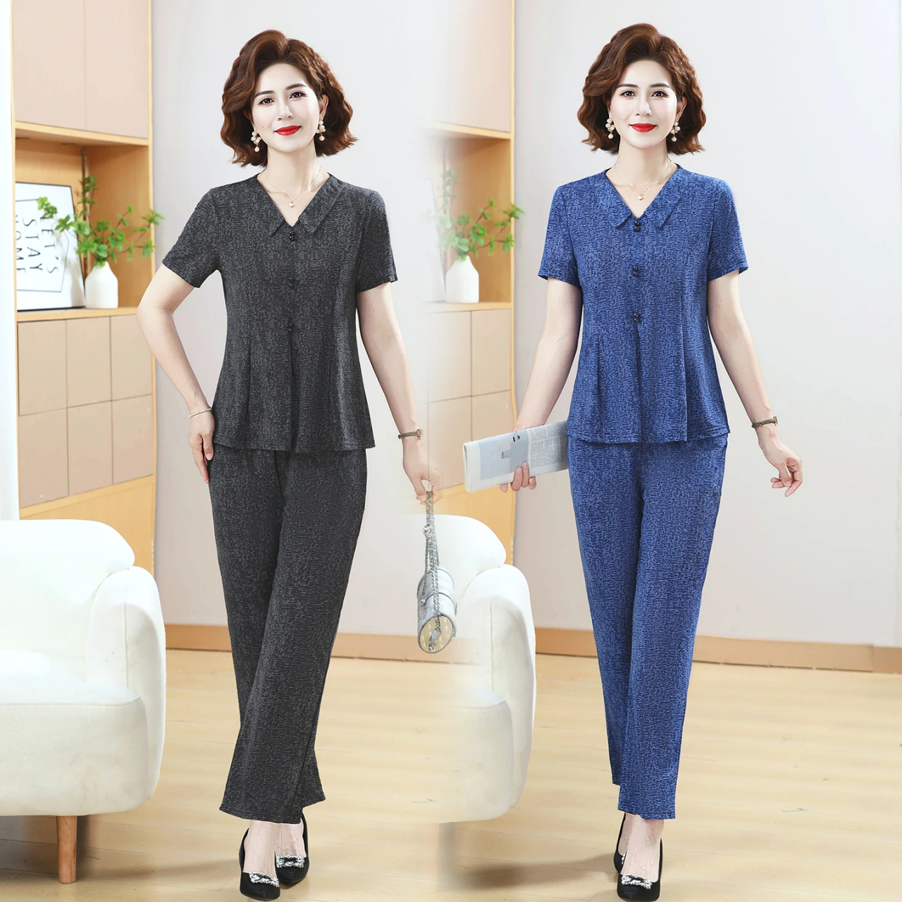 Damen Sommer Mode Eisseide Set Weite Hose Locker Sitzende Freizeitkleidung Kurzarm T-Shirt Zweiteiler