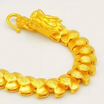 

Luxury 24K 9999 Pure Gold Men's three-dimensional dragon bracelet domineering faucet wheat bracelet clip buckle bracelet