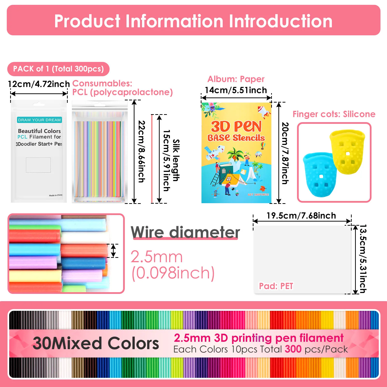 250/300 Pcs 3D Pen Filament Refill Compatible 25/30Colors 2.5mm 3D Printer Doodler Pen Refill Packs with 3Doodler Start for Kids