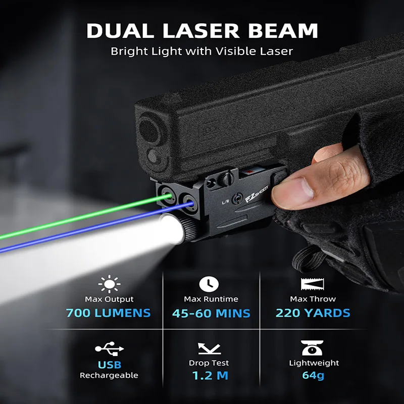 

Tactical Pistol Flashlight 3 in 1 Combo 700 Lumens LED Torch Light Blue Green Tactical Laser Combo Lightweight USB Rechargeable