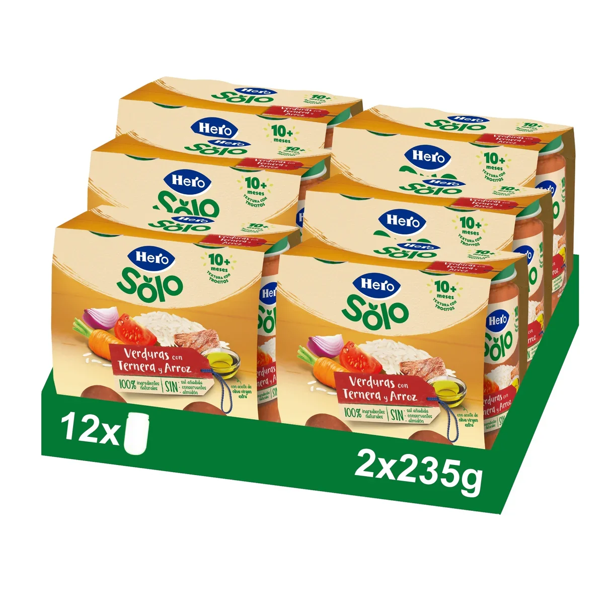 Hero Baby Pack Tarritos Trocitos Verduras con Ternera y Arroz. Para Bebés de a Partir de 10 meses. 6 Packs de 2x235gr