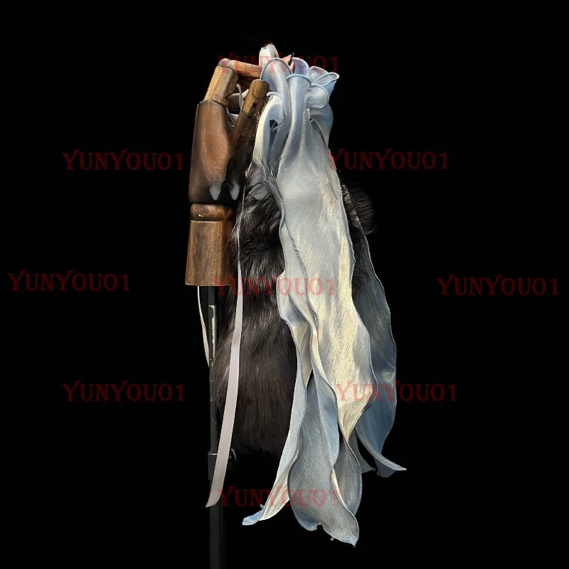 40CM Gray-blue Fox Real Fur Tail Bow Bell Removable