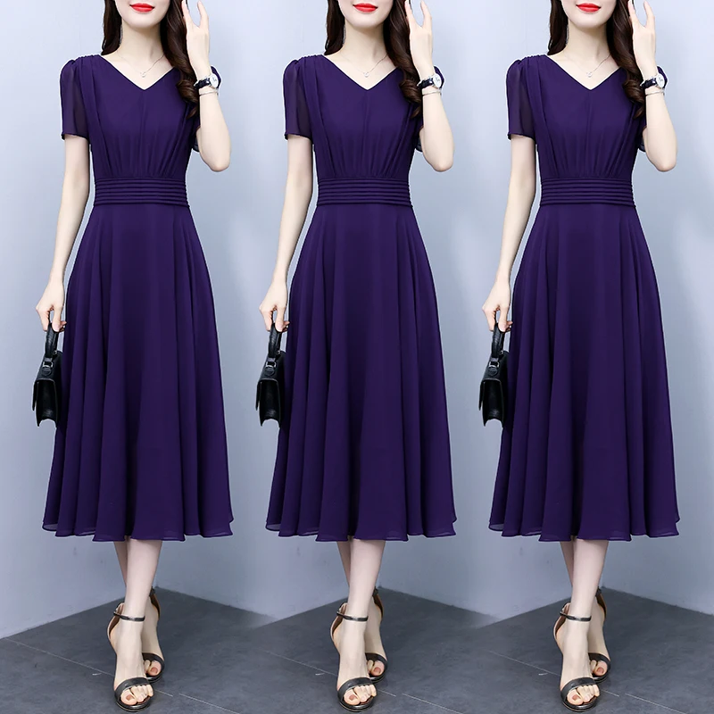 Elegant Summer Dress Women V-neck Short Sleeve Fashion OL Work Chiffon Midi Long Dress Solid Color Black Purple Party Vestidos