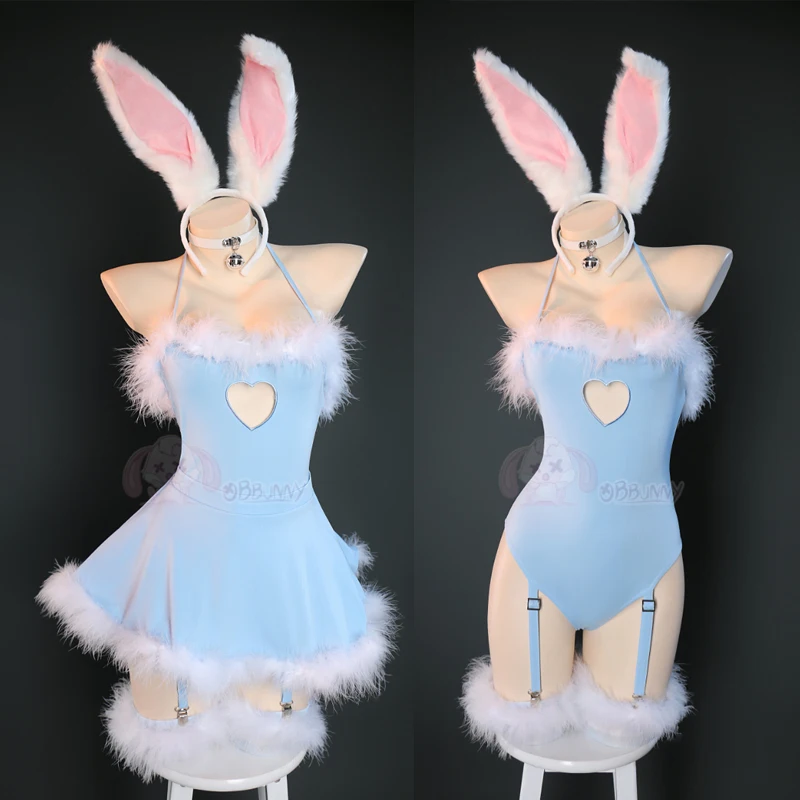 

Cute Bunny girl cosplay costumes women Sexy Hollow Heart Bodysuit Socks Suit Blue Rabbit Ears Uniform Halloween carnival clothes