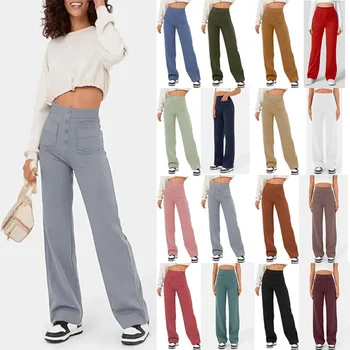 2024 Comfortabele damesbroek met rechte pijpen, hoge taille en wijde pijpen, elastische zakken met knoop, losse effen damesbroek