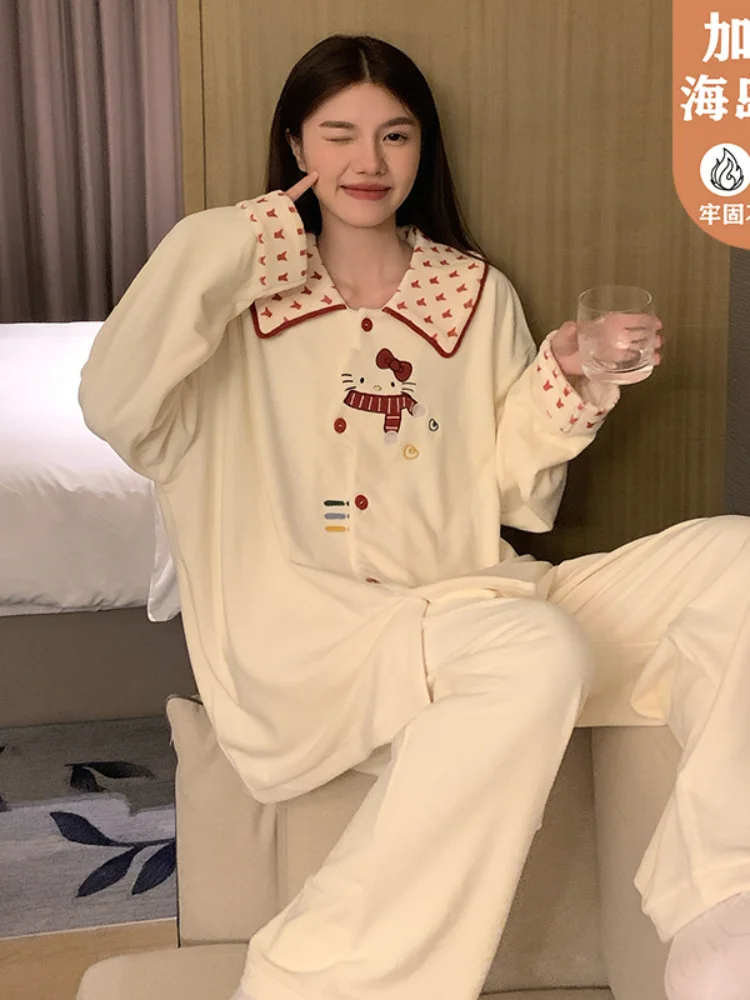 

Japanese New Winter Sweet Cute Cartoon Rabbit Flannel Pajamas Set Daughter Girls Pink Thickened Loungewear Women's Sleepwear