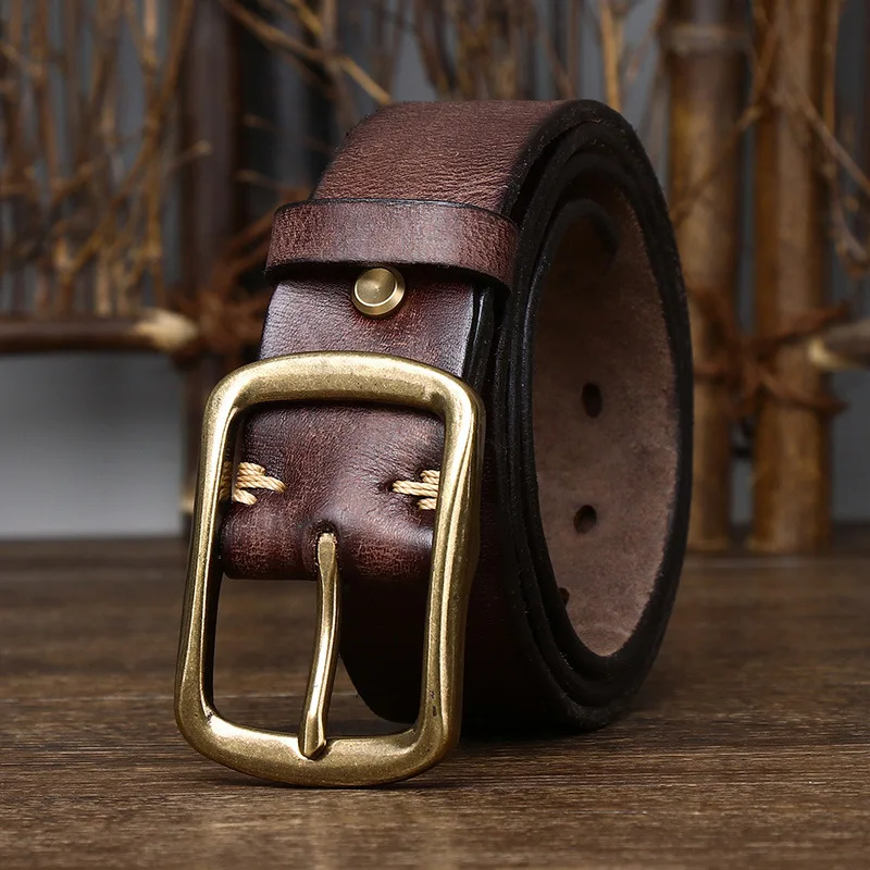 

3.8CM New Leather Belt For Men, Pure Cowhide, Retro Distressed Pleated Copper Buckle, Korean Casual Jeans Belt