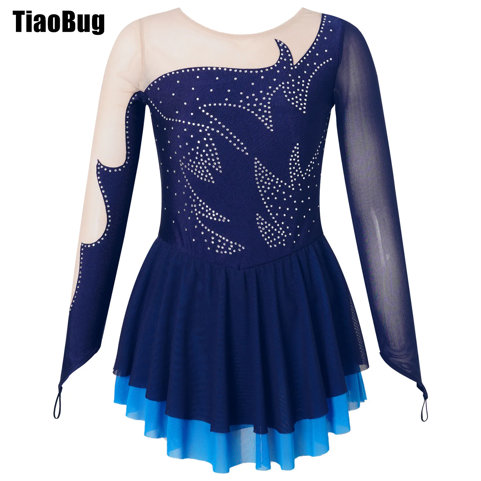 

Kids Girls Patchwork Skating Dress Shiny Rhinestone Decorated Hook Finger Dance Long Sleeve Round Neckline Style Wear