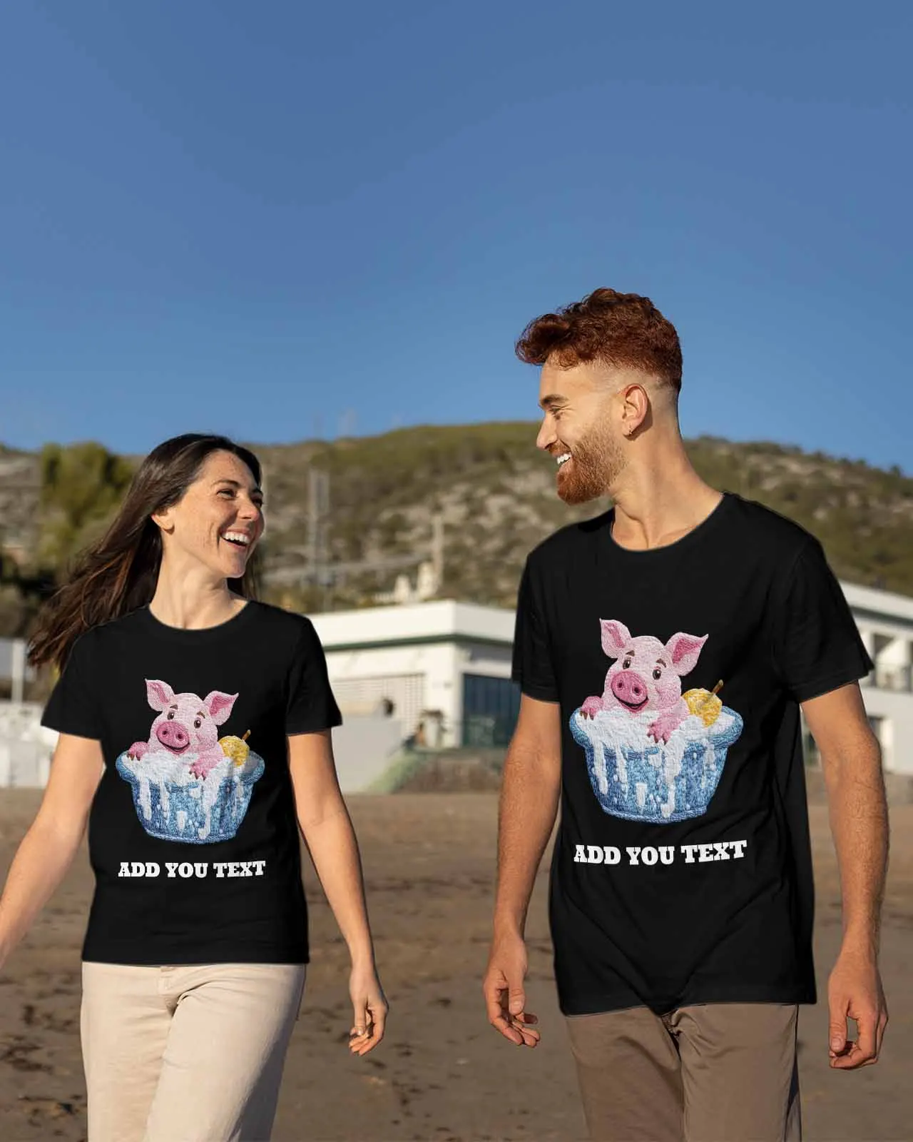 Line Style Bathtub Bath Pig Couple T Shirt Lovers Short Sleeve O Neck Loose Tshirt Fashion Woman Man Tee Shirt