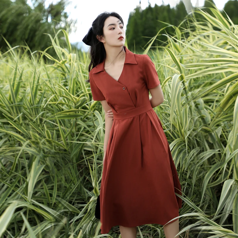 

Retro v-neck Summer A-Line Swing Casual Party Dress Women Elegant Red Dresses Lady Office Dress