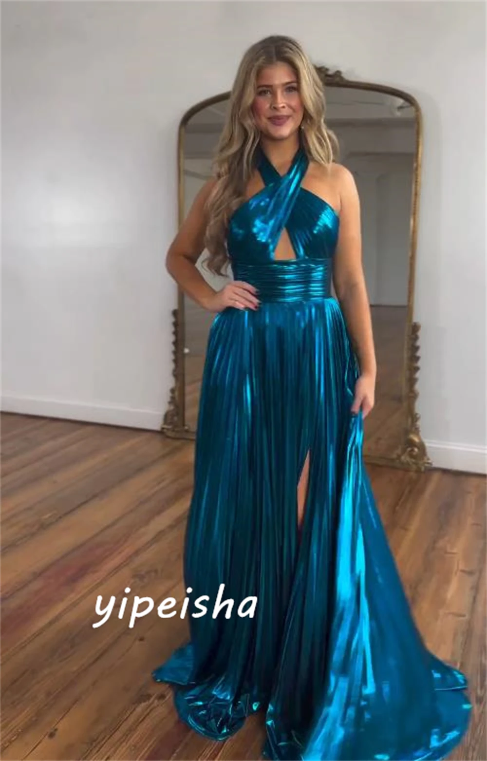 Customized  Simple Fashion Halter A-line Celebrity  Draped Floor Length Skirts Charmeuse Evening Birthday  For Women