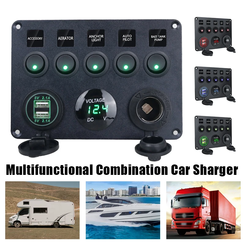 

Панель переключателей для кемпера, фургона, лодки, 5 бандов, 12 В, светодиодный переключатель для моторной лодки, автомобильный переключатель, водонепроницаемый, огнестойкий, двойной USB-зарядное устройство, розетка для вольтметра