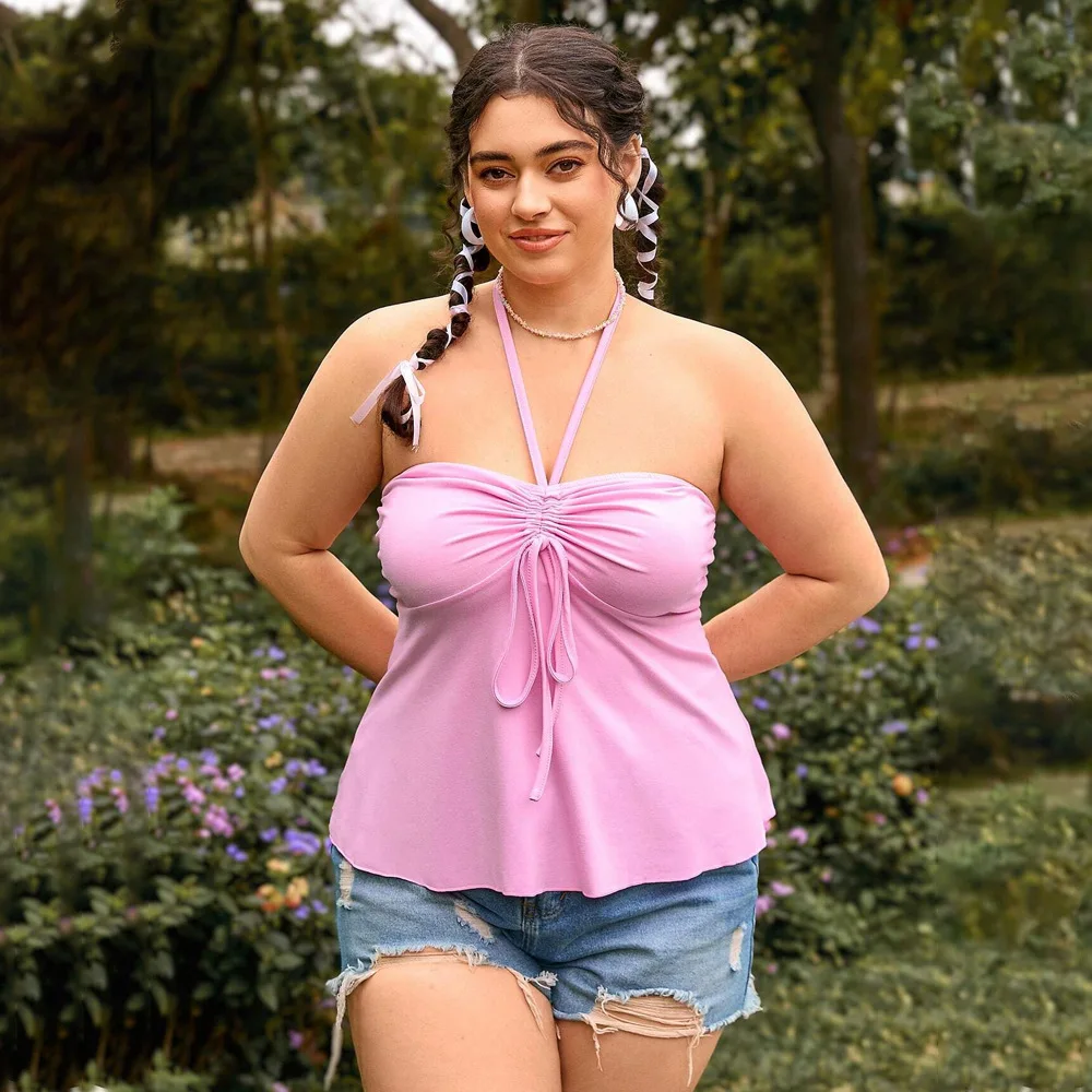 2024 Plus Size Women Tops Simple Sexy Temperament Thin Pink Neck Camisole Tank Top New Fashion Casual Solid Color Large Blouses