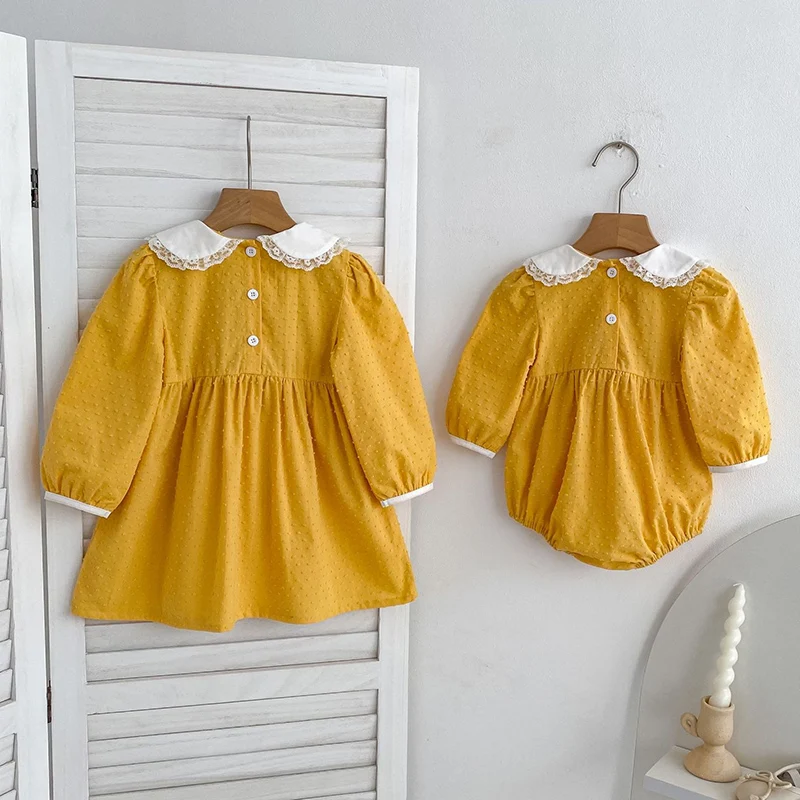 2026 New Spring Sister Dress 2-6Yrs Girl Party Dress Long Sleeved Cotton Splicing Kids Princess Dresses Baby Girl Romper