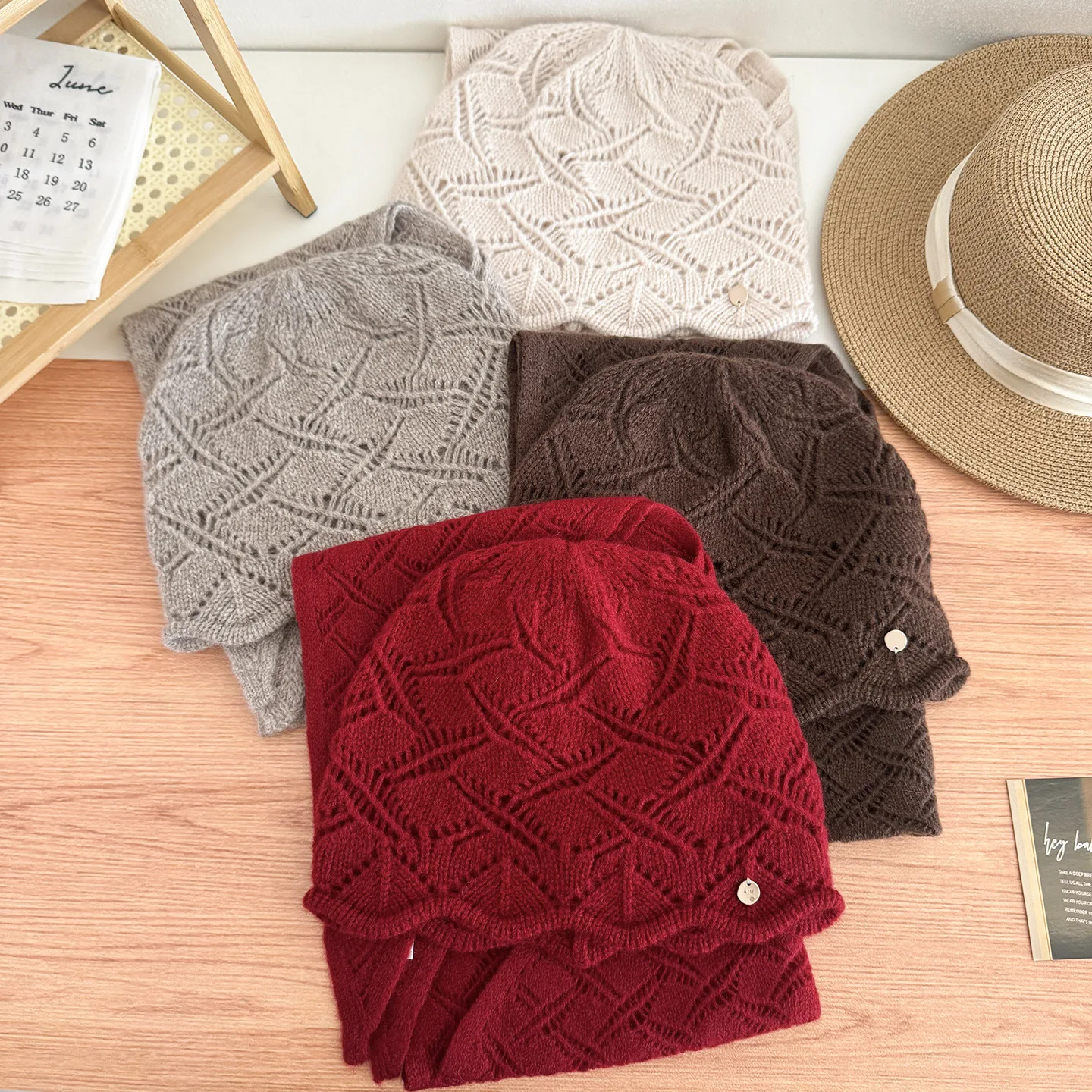 Women New 100% Wool 2Pcs Set Autumn Winter Face Slimming Knit Headwrap Cold Beanie Cap Crochet Hollow Out Knit Neck Scarf