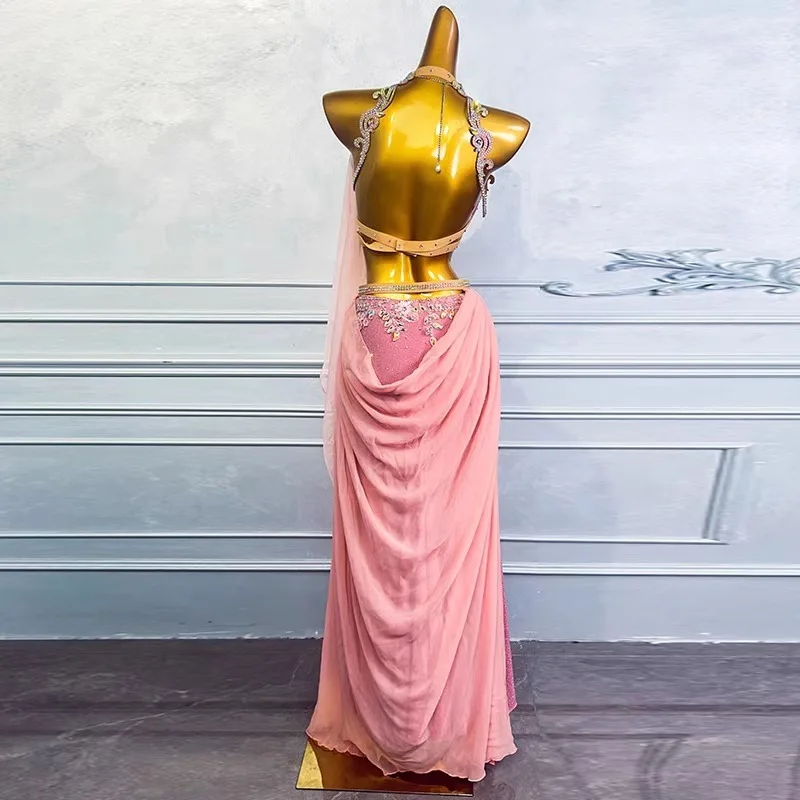 

Customized Pink Diamond Studded Belly Dance Costumes Performance Dress Set Sexy Oriental Dance Bras Long Skirt Belt Gauze