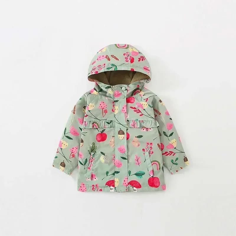 2025 New Baby Print Spring Outdoor Girl Jackets Hooded Zipper Long Sleeve Children Outerwear Polyester Sport Casual Kids Coats