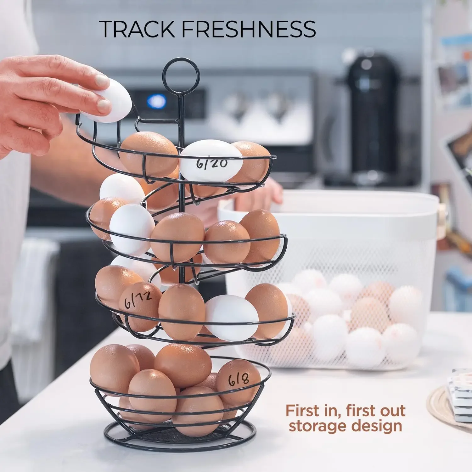 

Spiral Egg Skelter Holder for Countertop Large Capacity Fresh Egg Storage with Basket Holds Up 3 Dozen Eggs Metal Dispenser Rack