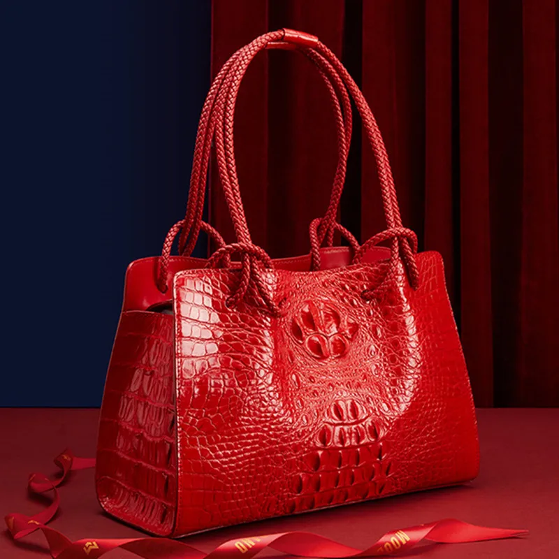 Luxury Genuine Leather Women\'s Bag Red Crocodile Pattern Ladies Handbags Tote Bag Fashion Travel Portable Shoulder Underarm Bags