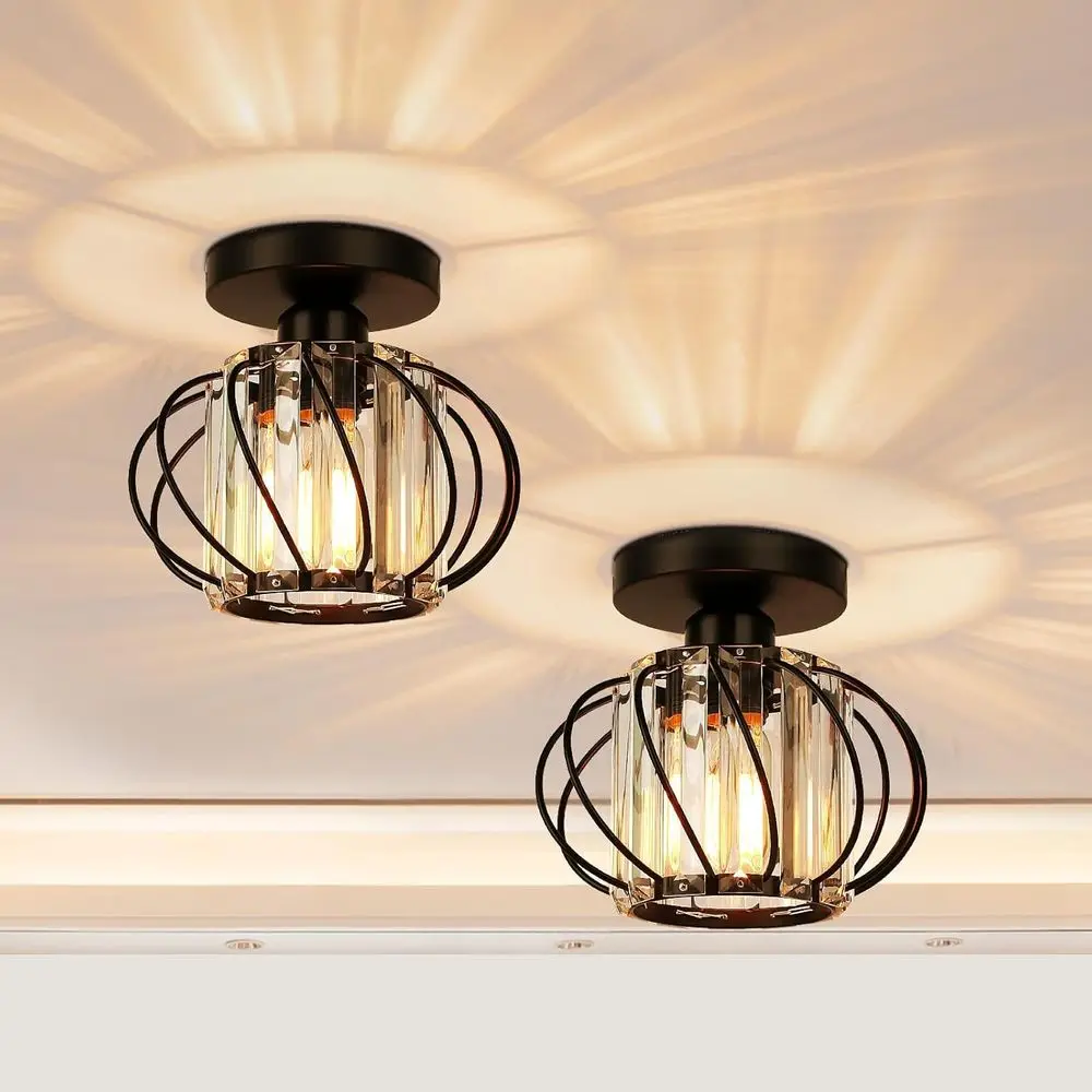 

2-Pack Semi lush Mount Ceiling Light - Small Crystal Chlier Hallway Black Metal Cage ern Light ixture or Entryway Bedroom Porch